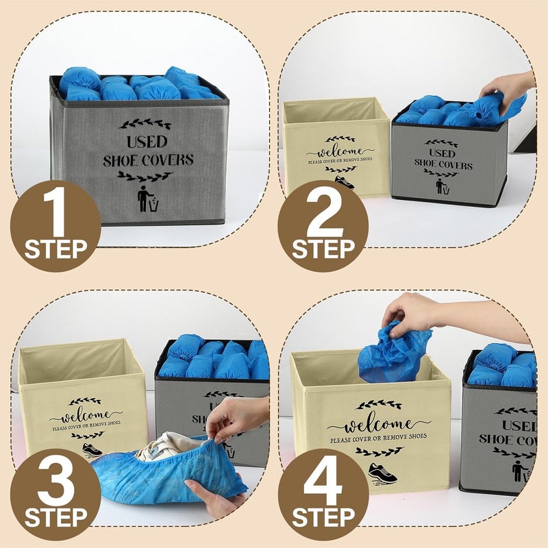Singhoow 2 Pcs Shoe Cover Boxes Dispenser Foldable Storage Bins, Used Shoe Covers and Welcome Please or Remove Sign Entryway Basket Holder for Open House Supplies(Dark Gray, Beige) - Image 3